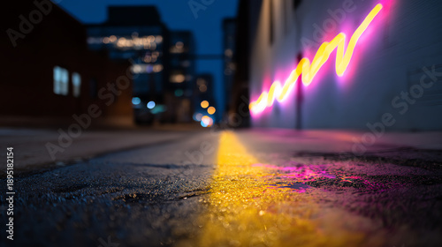 Night urban alley with wet pavement reflecting neon pink and yellow lights along a building wall, blurred cityscape in the background creating a moody, futuristic atmosphere