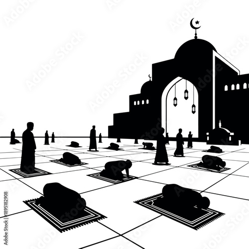 Muslims praying on mats outside a grand mosque at dawn or dusk, depicting communal worship and spiritual reflection.