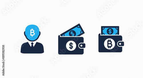 Cryptocurrency and Digital Wallet Finance Icons Featuring Bitcoin, Dollar Currency, and Payment Concepts in a Modern Flat Design.