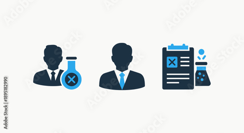 Scientific Research and Professional Outcome Icons Showing Failed Experiments, Rejection, and Invalid Results in a Flat Design.