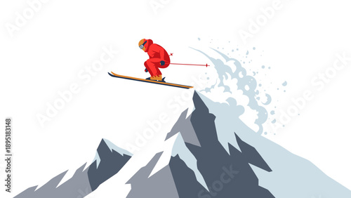 Dynamic ski jump over snowy mountain peak in minimalist style