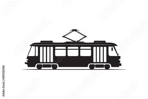 Black silhouette of a classic tram or streetcar with a single pantograph representing urban public transportation