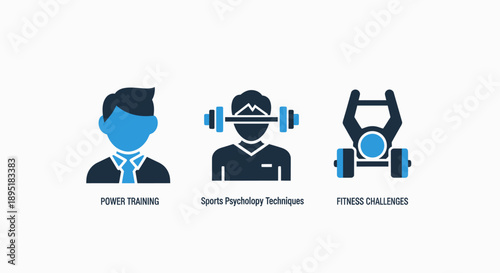Sports Psychology and Power Training Fitness Icons: Modern Blue Vector Set for Athletic Performance and Workout Challenges