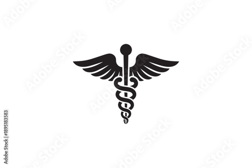 Black caduceus symbol on a white background, representing medicine, healing, and healthcare industry