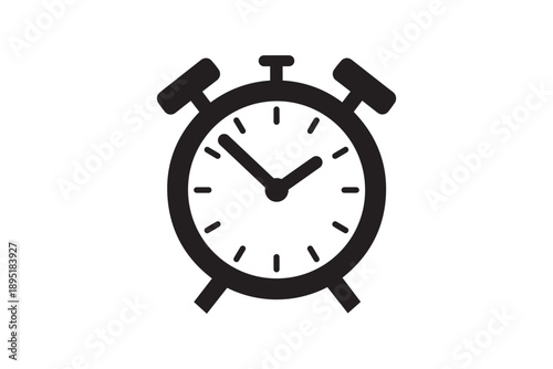 Classic black and white alarm clock icon with ringing bells, showing time, isolated on a clean white background