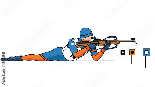 Biathlon athlete in shooting pose with rifle and targets