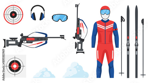 Biathlon equipment set with skis and target in modern flat design