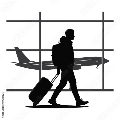 Traveler walking through airport terminal with luggage and backpack silhouette of airplane in background representing air travel and tourism industry