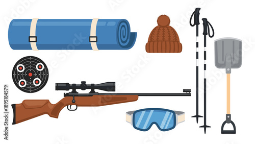 Camping and outdoor adventure gear for hunting and skiing in modern flat design