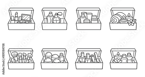 Set of eight cosmetic boxes with perfume, makeup, skincare, and spa items