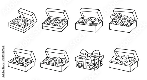 Assorted boxed treats: donuts, cookies, pastries, cupcakes, no color