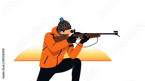 Biathlon shooting athlete in winter gear with rising sun background