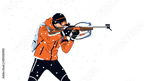 Biathlon athlete aiming rifle in snowy winter scene with flat design style