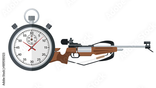 Biathlon sports concept with stopwatch and rifle on white background