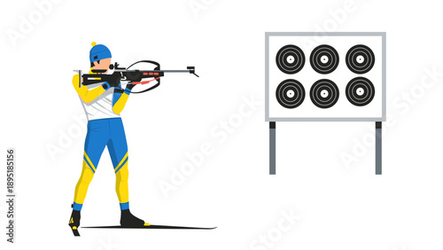 Biathlon athlete aiming rifle at shooting range in snowy winter sport
