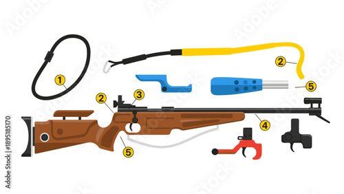 Detailed breakdown of modern biathlon rifle components with colorful design