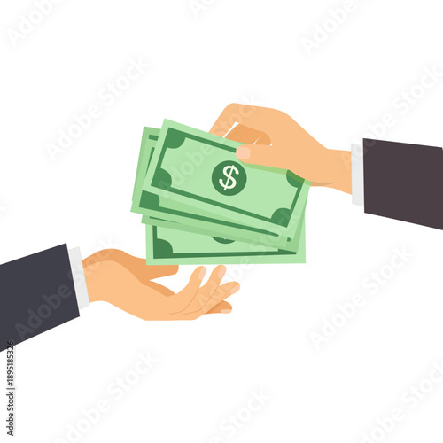 hand exchanging stack of money for product, man giving and receiving cash, payment, financial transaction