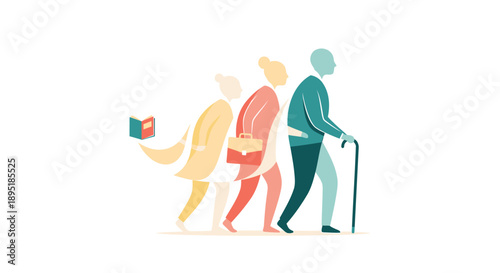 Vector illustration of three elderly people walking
