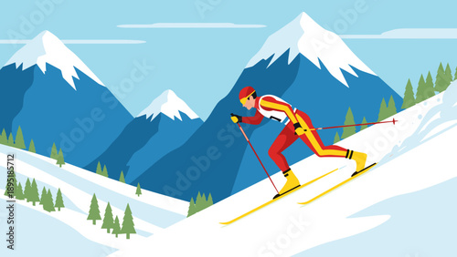 Winter sports enthusiast cross country skiing through snowy mountain landscape