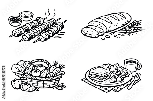 Grilled skewers, fresh bread, vegetable basket, and sandwich meal illustrations