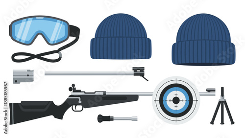 Biathlon equipment set: rifle, goggles, and winter gear