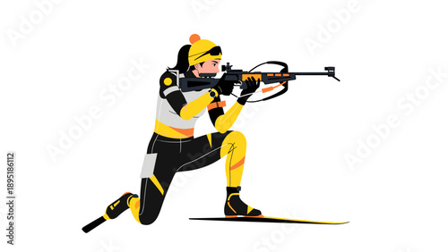 Biathlon athlete aiming rifle in colorful sports gear