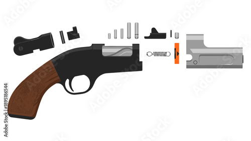 Detailed breakdown of a handgun with internal components on white background