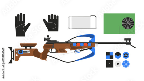 Biathlon equipment set: rifle, gloves, and targets in flat design