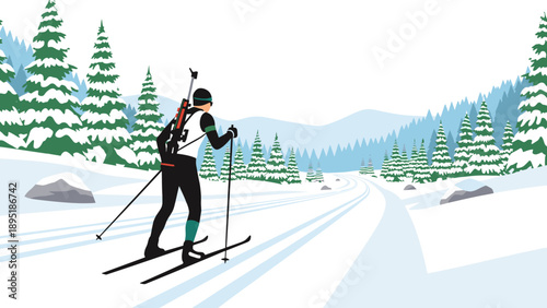 Cross-country skier gliding through snowy pine forest in winter landscape