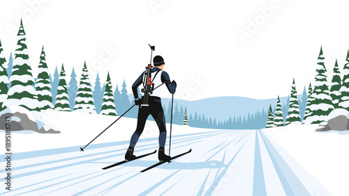 Cross-country skier in winter landscape with snow-covered trees and mountains