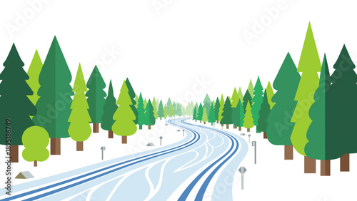 Snowy road through pine forest with stylized trees and fresh tracks in winter scene