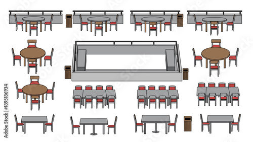 Isometric set of tables and chairs in various arrangements for cafeteria design