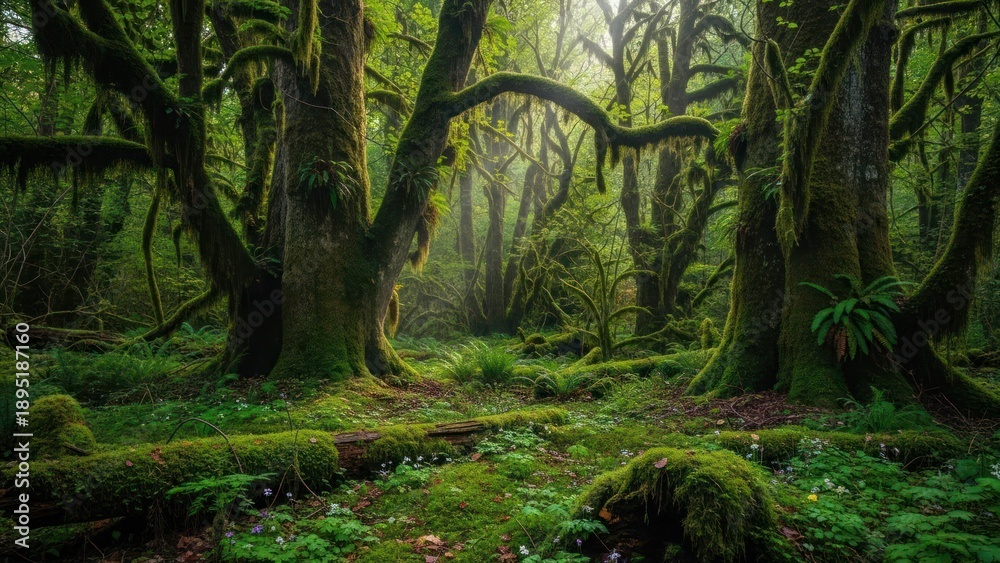 Fototapeta premium Lush, dense forest scene with moss-covered trees, dappled light, and vibrant green undergrowth