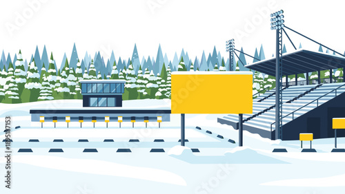 Winter sports stadium with snowy forest background and yellow signage in bright daylight