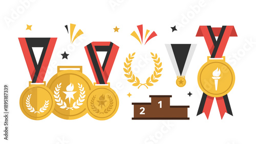 Gold medals and podium with laurel wreaths in flat style