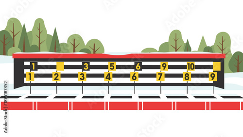 Biathlon scoreboard in winter landscape with evergreen trees and snow