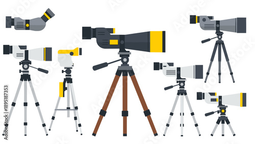 Flat design telescopes set on tripods in various styles and sizes