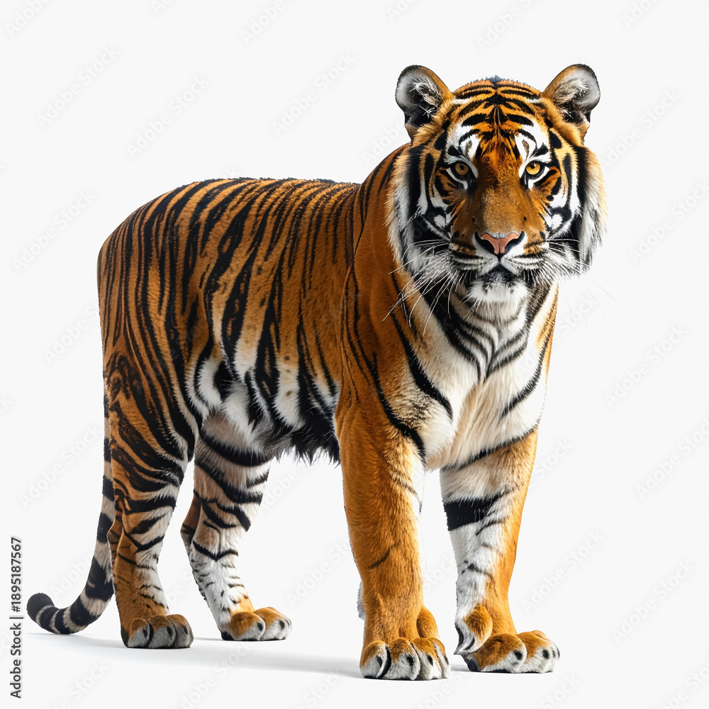 Obraz premium Powerful Bengal Tiger Standing and Looking Forward on White Background