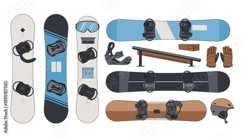 Collection of snowboarding gear and accessories in flat design for winter sports enthusiasts