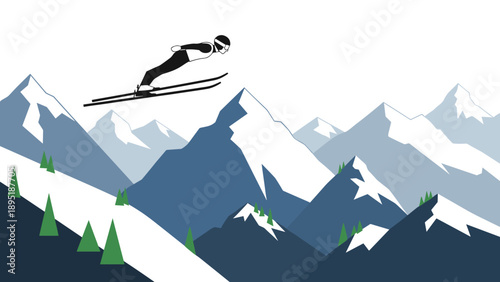 Ski jumper in action with majestic mountain background in minimalist style