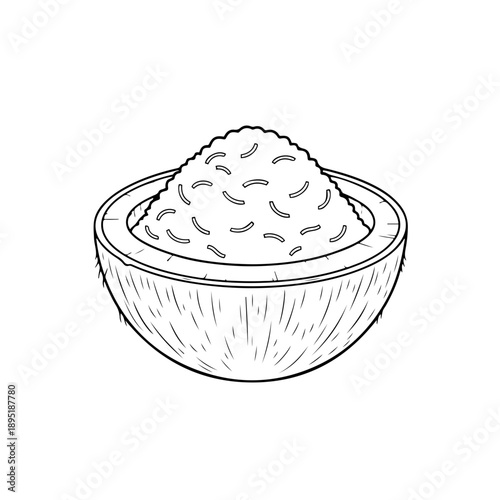 Coconut Bowl with Shaved Coconut Vector Illustration in Natural Tropical Food Style