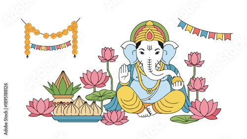 Traditional Lord Ganesha Sitting Vector Illustration with Lotus Flowers, Modak Sweets, and Festival Garlands