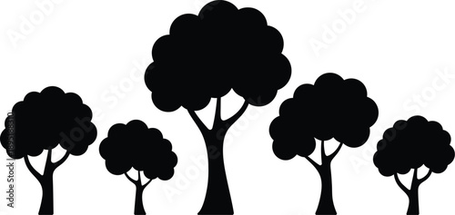 collection of five stylized black trees of varying sizes presented as silhouettes on transparent background high-quality professional detailed modern elegant stylish clean crisp vibrant