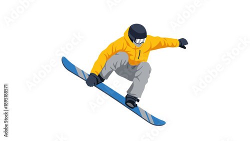 Bold snowboarder in action with vibrant winter gear isolated on white background