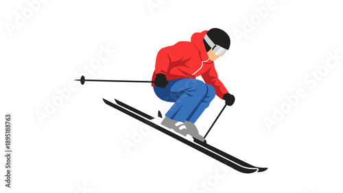 Dynamic skier mid-air in bright winter gear on white background