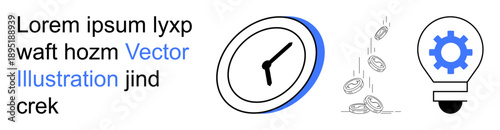 Time management, financial planning, innovation, efficiency, business strategy, modern solutions. Clock, falling coins lightbulb with gear icon. Time management and financial planning concept