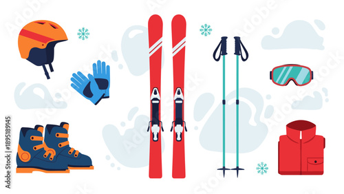 Flat winter sports equipment set featuring skis, poles, goggles, and more
