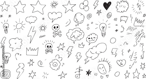 Playful black and white hand-drawn doodle elements including skulls, lightbulbs, stars, clouds, and crowns, ideal for edgy and creative projects.