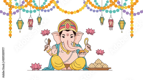 Cute Minimalist Lord Ganesha Illustration with Garlands, Sweets, and Lanterns for Festival Design