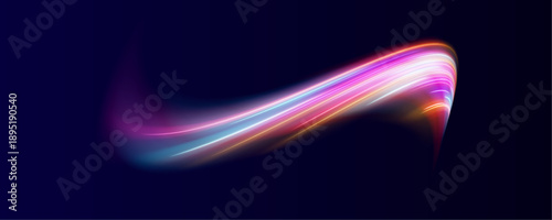 Dynamic light streaks twist and flow in vibrant neon tones. Energy radiates from every curved line. Perfect for futuristic visuals PNG